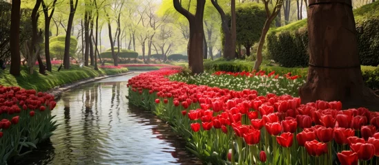 Fototapeten A stream flows through a park adorned with red flowers, creating a beautiful natural landscape with vibrant petals and lush greenery © AkuAku