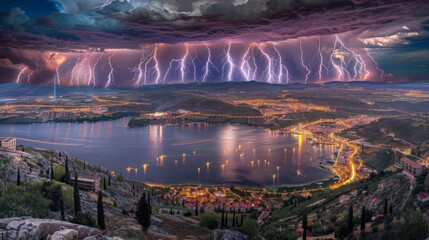  a view of a large body of water with a lot of lightning in the sky and a lot of lights in the water.