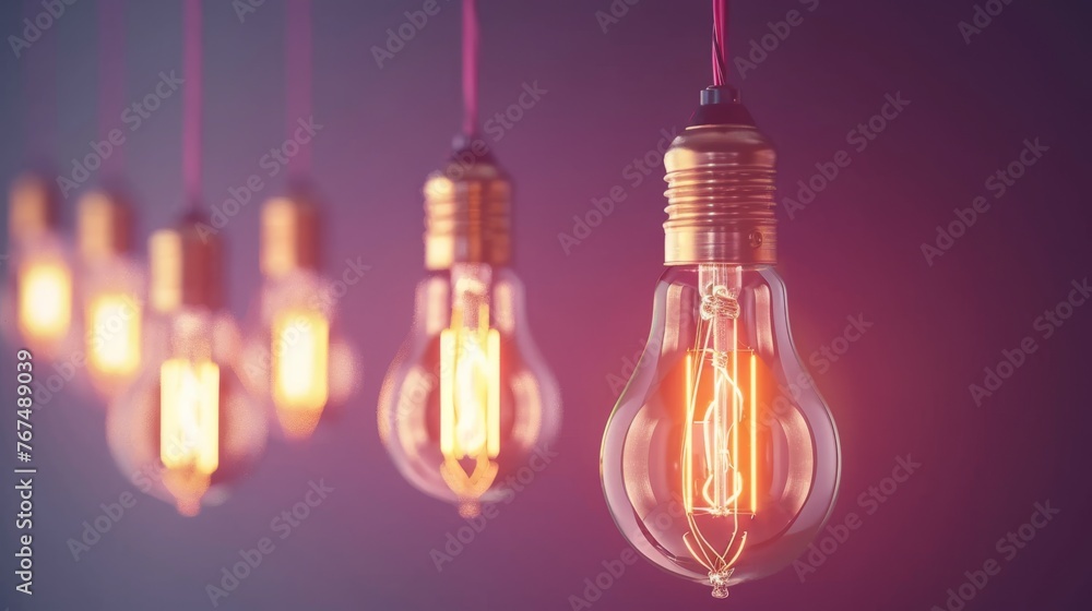 Poster a group of light bulbs hanging from a line of lights that are turned on and turned on with one light