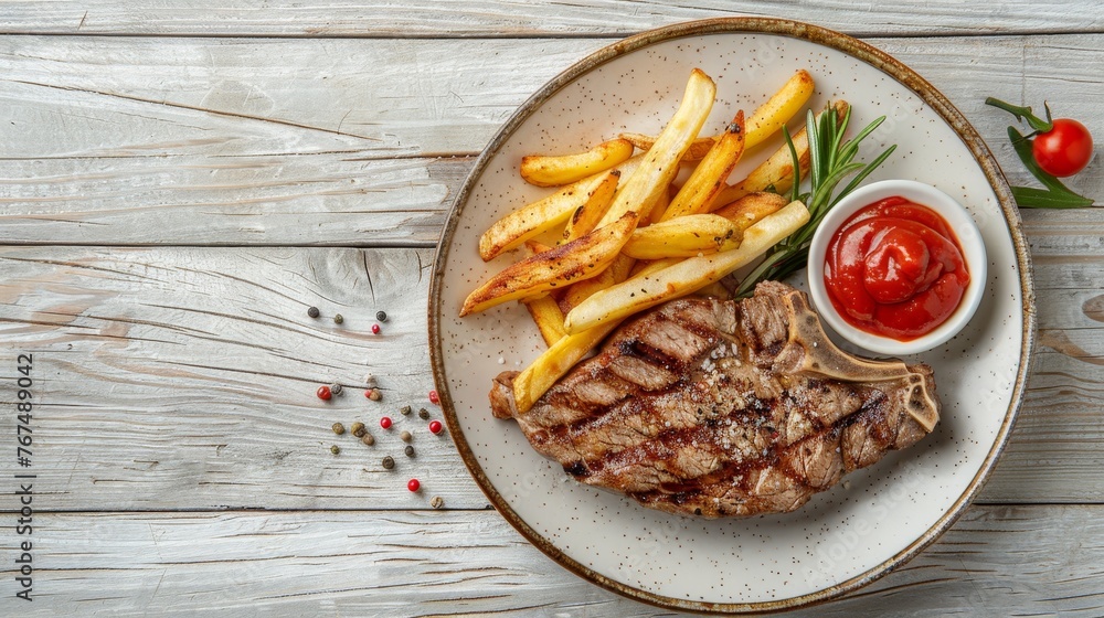 Aufkleber top view of classic steak and fries on wooden table with ample space for text placement above view