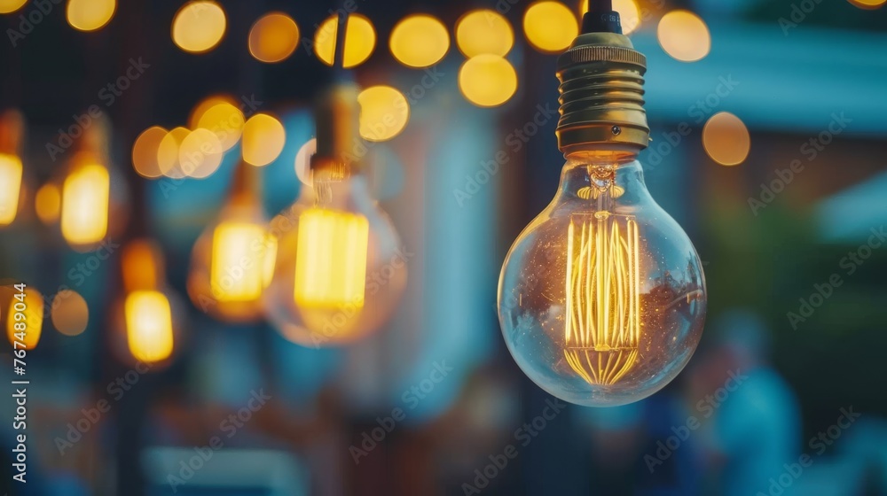 Poster a close up of a light bulb with many lights in the background and a blurry image of a building in th