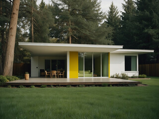 Fototapeta premium Mid Century Two-Story House, White and Yellow Elegance