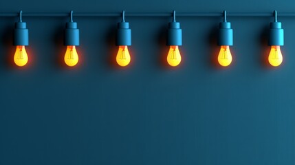  a row of light bulbs on a blue wall with one light turned on and the other turned on and turned off. - obrazy, fototapety, plakaty