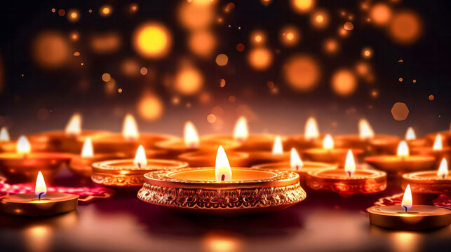 A colorful candle arrangement with many candles lit.