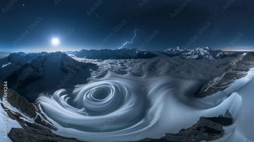 Poster a view of a mountain range with a swirl of snow in the foreground and a full moon in the background.