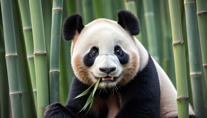 A Giant Panda Peering Out From Behind Bamboo Stalk