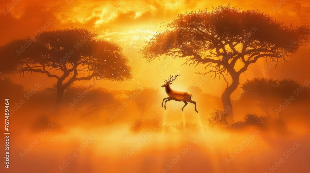 Poster a painting of a deer standing in the middle of a forest with the sun shining through the trees behin