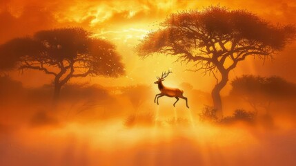  a painting of a deer standing in the middle of a forest with the sun shining through the trees behind it.
