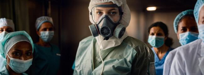 a young adult caucasian woman wearing an epidemic protection suit and a protective mask breathing mask and an overroll, air filter on the mask, doctor or nurse - obrazy, fototapety, plakaty