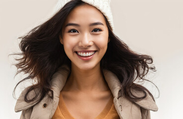young adult woman in trending modern autumn or winter jacket outfit, front view with smile