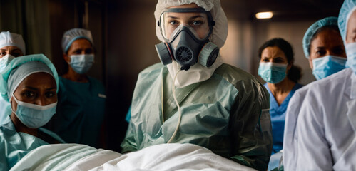 a young adult caucasian woman wearing an epidemic protection suit, epidemic protection containment or observation during the spread and assessment of the infection as a pandemic and risk of infection