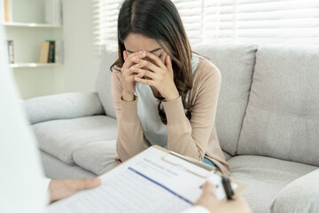 woman with mental health problems is consulting. psychiatrist is recording the patient's condition for treatment. encouragement, love and family problem, bipolar , depression patient, protect suicide