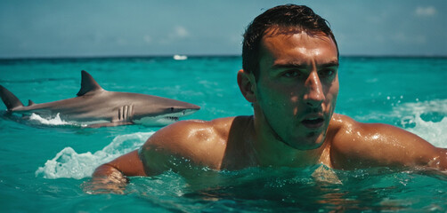 A young adult man swims in the water near the beach in the open sea and rushes swimming back out of the water because a shark swims behind him, fear