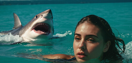 A young adult woman swims in the water near the beach in the open ocean and rushes swimming back out of the water because a shark swims behind her