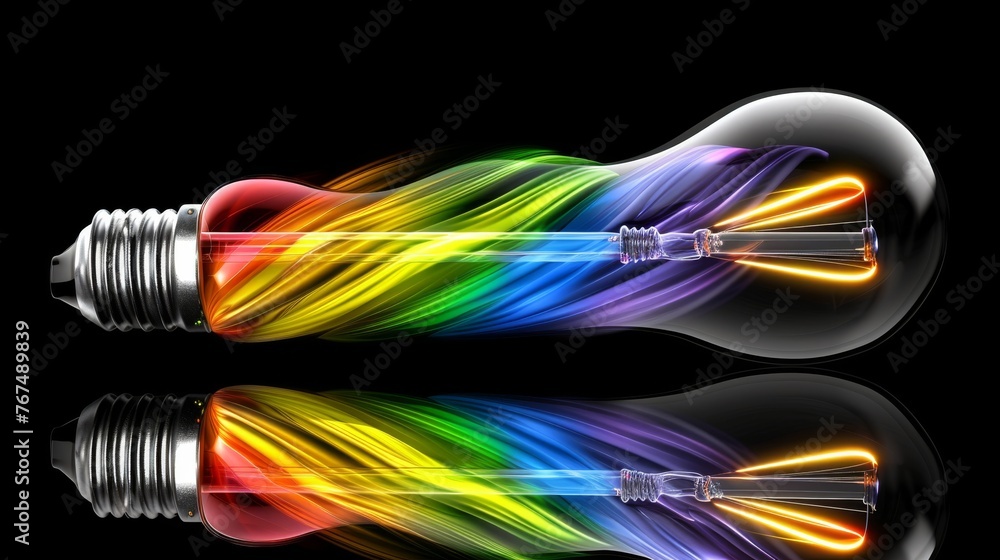 Poster a multicolored light bulb on a black background with a reflection of the light coming out of the bul