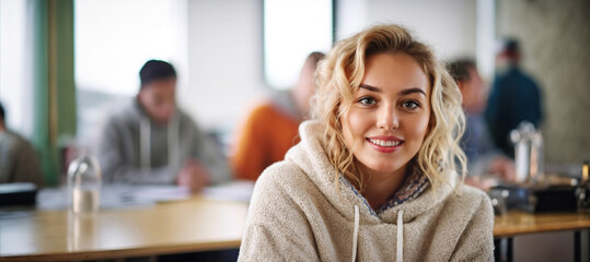 a young adult caucasian woman, girl, sitting at school or college or university in the classroom with classmates or fellow students, student with a good mood