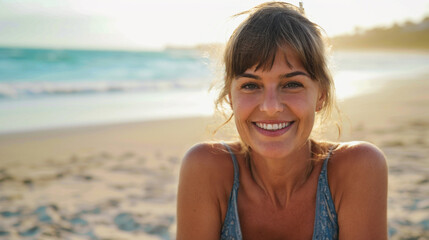A mature adult Caucasian woman with slight red sunburn, wearing bikini, sitting on sand on the beach, smiling with good mood, happy on vacation on tropical island, age 40 to 60, fictional place