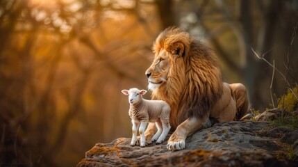 Lion and lamb peacefully coexisting, displaying unity and harmony in the natural world