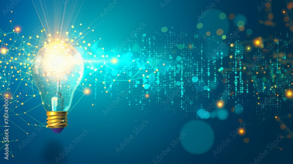 Poster a light bulb that is glowing on a blue background with a lot of dots in the middle of the image.