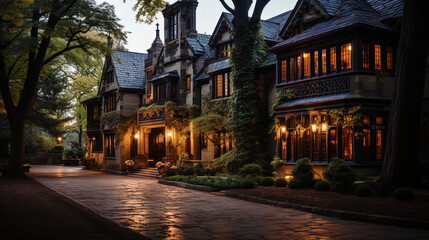 Fototapeta premium A magnificent mansion in which shades of twilight and green crowns of trees mixed, like a pictur