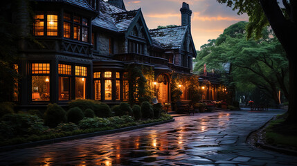 A magnificent mansion in which shades of twilight and green crowns of trees mixed, like a pictu