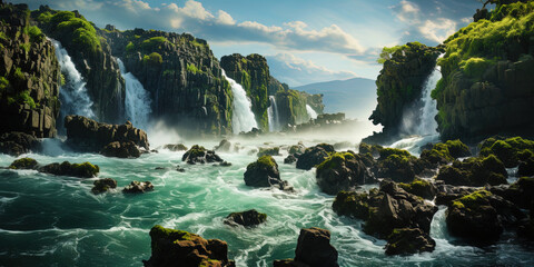 A magnificent waterfall, filling the air with its spray, like a marvelous fountain rising to hea - obrazy, fototapety, plakaty
