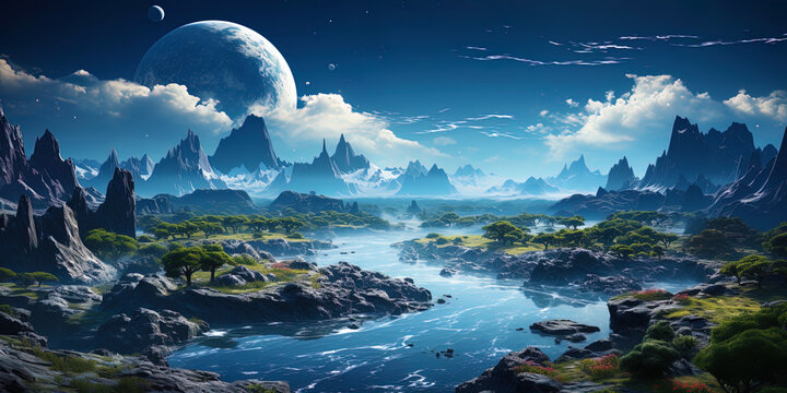A planet with picturesque islands and floating air cities, like a piece of paradise in the void