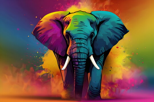 Elephant Happy Holi colorful background. Festival of colors, colorful rainbow holi paint color powder explosion