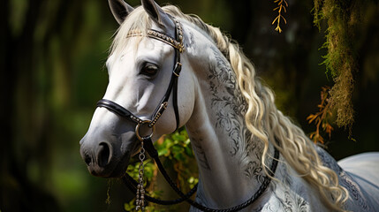 Beautiful gelding, with a magical, noble look, like a hero of knightly le - obrazy, fototapety, plakaty