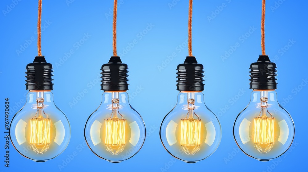 Poster a group of light bulbs hanging from a string on a blue background with one light bulb turned on and 