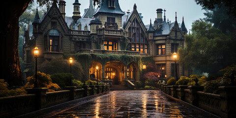 Gothic mansion, with gloomy windows, like the legendary shelter of witches and sorcere - obrazy, fototapety, plakaty