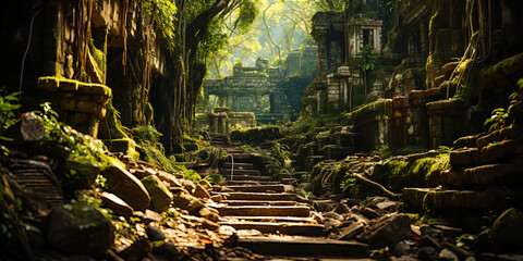 Fototapeta premium Hiding ancient secrets of jungle with wood temples and ruins, like an arena for archaeological d