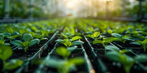 Rows of seedlings growing in a hydroponic greenhouse. Concept Hydroponic Gardening, Greenhouse Cultivation, Sustainable Agriculture, Indoor Farming, Seedling Growth - obrazy, fototapety, plakaty