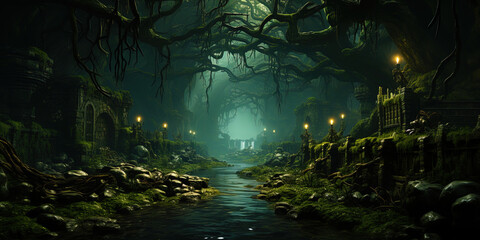 Mysterious jungle with branches covered with vines, like a scene from ancient legend - obrazy, fototapety, plakaty