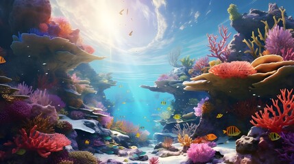 Fototapeta na wymiar A bizarre underwater environment full of colorful coral reefs, unusual animals, and swinging sea plant ,Underwater ecosystems are astounding, as demonstrated by the colorful marine life that teems on 
