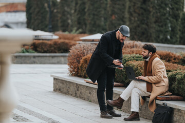 Two stylish men engaging in conversation outdoors with laptop and phone.