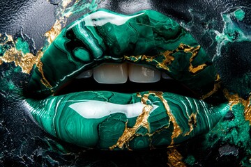 Close-up of a mouth with lips painted with green and gold paint, the pattern looks like malachite - obrazy, fototapety, plakaty