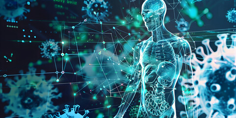 A global network of medical AI algorithms continuously analyzing health data to predict and prevent diseases, deep learning are prevalent in healthcare for disease, AI algorithms can analyze data  - obrazy, fototapety, plakaty