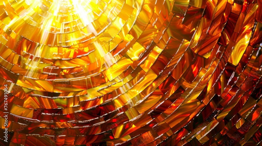 Poster a close up of a yellow and red background with a light shining in the middle of the image and the su