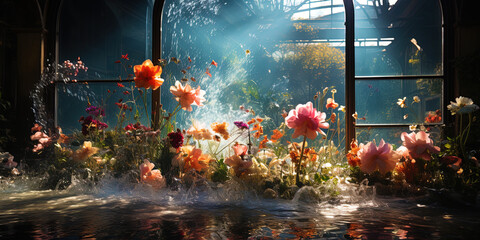 The exciting water curtain, framed by beautiful flowers, like a picture embroidered with a mast - obrazy, fototapety, plakaty
