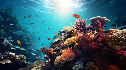 Fototapeta na wymiar A bizarre underwater environment full of colorful coral reefs, unusual animals, and swinging sea plant ,Underwater ecosystems are astounding, as demonstrated by the colorful marine life that teems on 