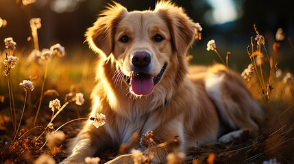 The golden labrador lying on the grass with elongated paws, like calmness and peace in the appe - obrazy, fototapety, plakaty