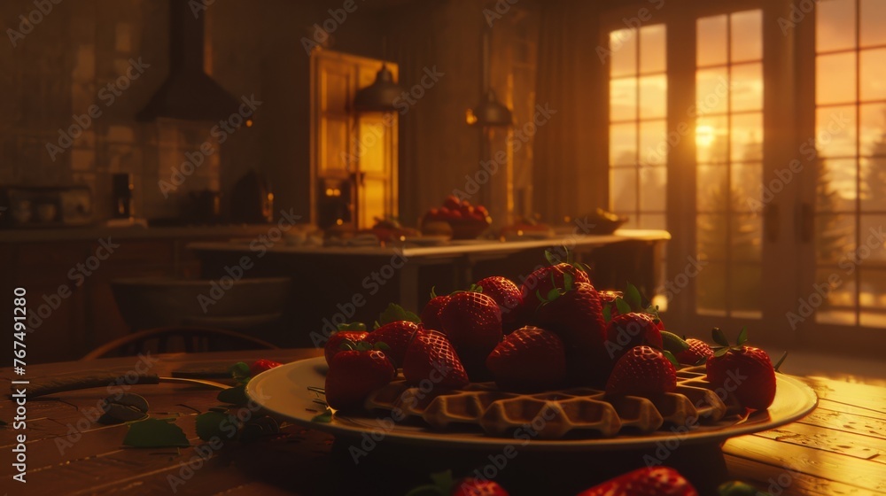 Poster a plate of strawberries sits on a table in front of a window with the sun shining through the window