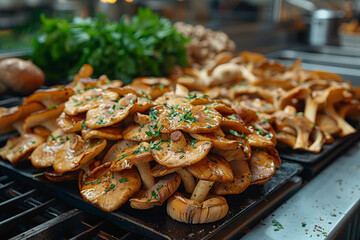 A mound of earthy brown mushrooms is neatly arranged on a kitchen countertop, awaiting their...