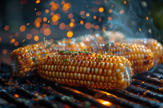 A heap of golden corn kernels sizzles on a hot grill, releasing their sweet fragrance into the air. Concept of summertime barbecues and outdoor cooking. Generative Ai.
