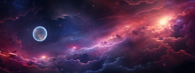 Stunning Space Vista with Glowing Planet and Nebula - obrazy, fototapety, plakaty