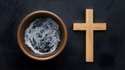 Ash Wednesday Concept: Bowl with Ash and Holy Cross