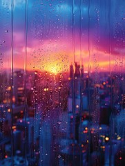 Fototapeta premium Reflections of neon lights through water dripping down glass. 