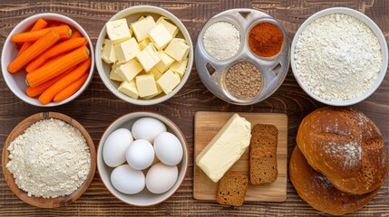  a table topped with bowls of food next to a cutting board with eggs, carrots, bread, and cheese.