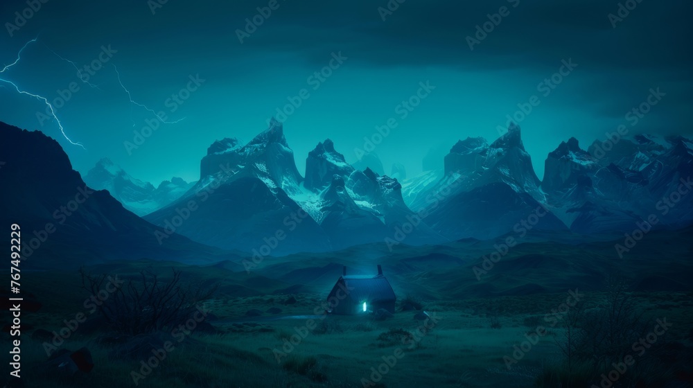 Poster a tent in the middle of a field with a mountain range in the background and a lightning in the sky.